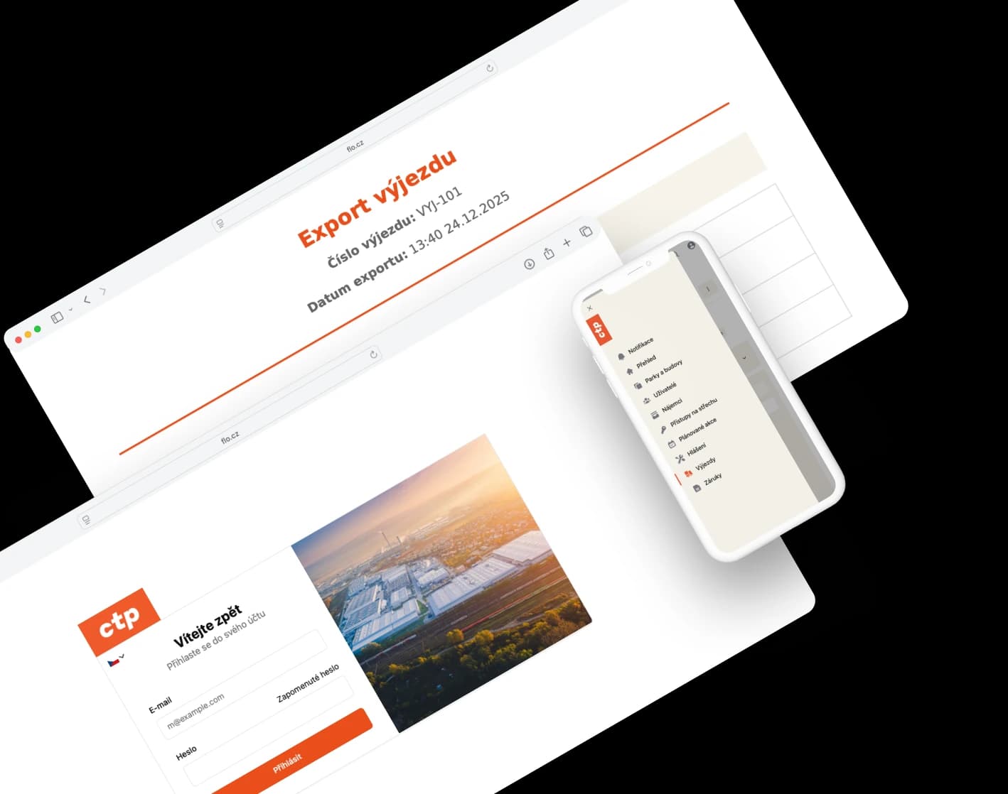 Ukázka přihlašovací stránky, navigace a exportu dat z aplikace RMS