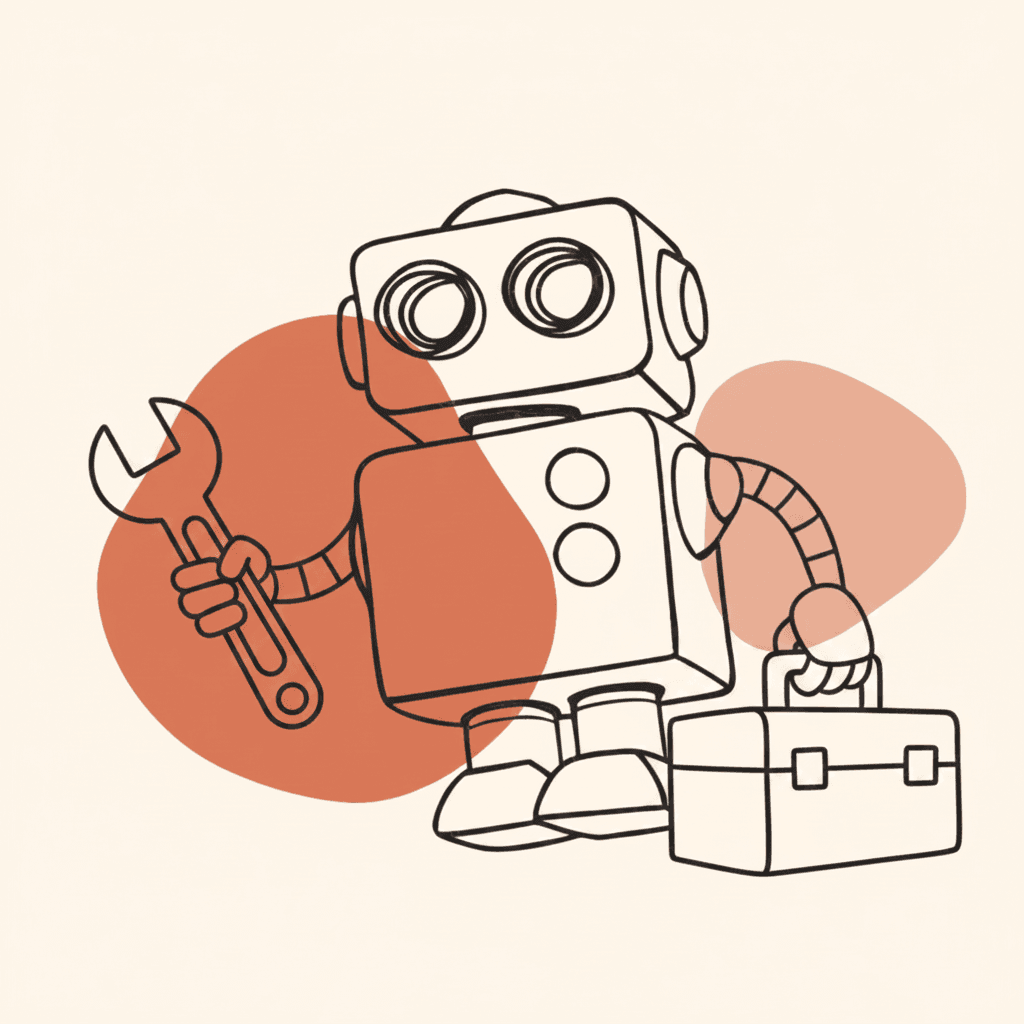 Ilustrace robota s klíčem a kufříkem na nářadí