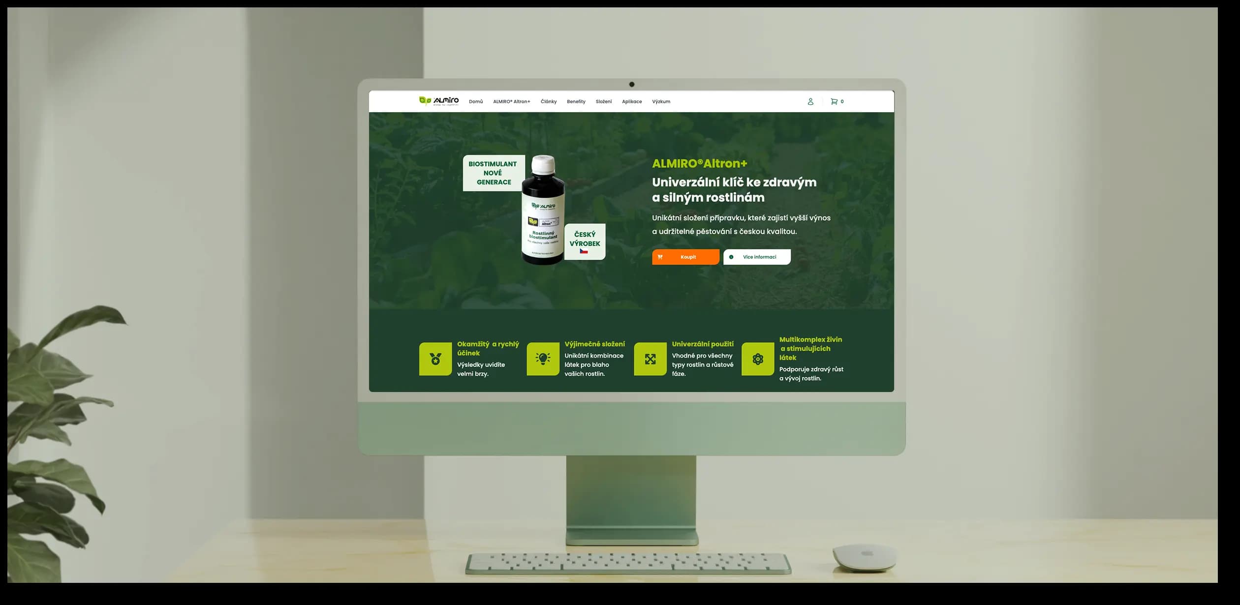 Úvod domovské stránky e-shopu Almiro prezentující biostimulant ALMIRO Altron+ Domovská stránka e-shopu Almiro na monitoru počítače