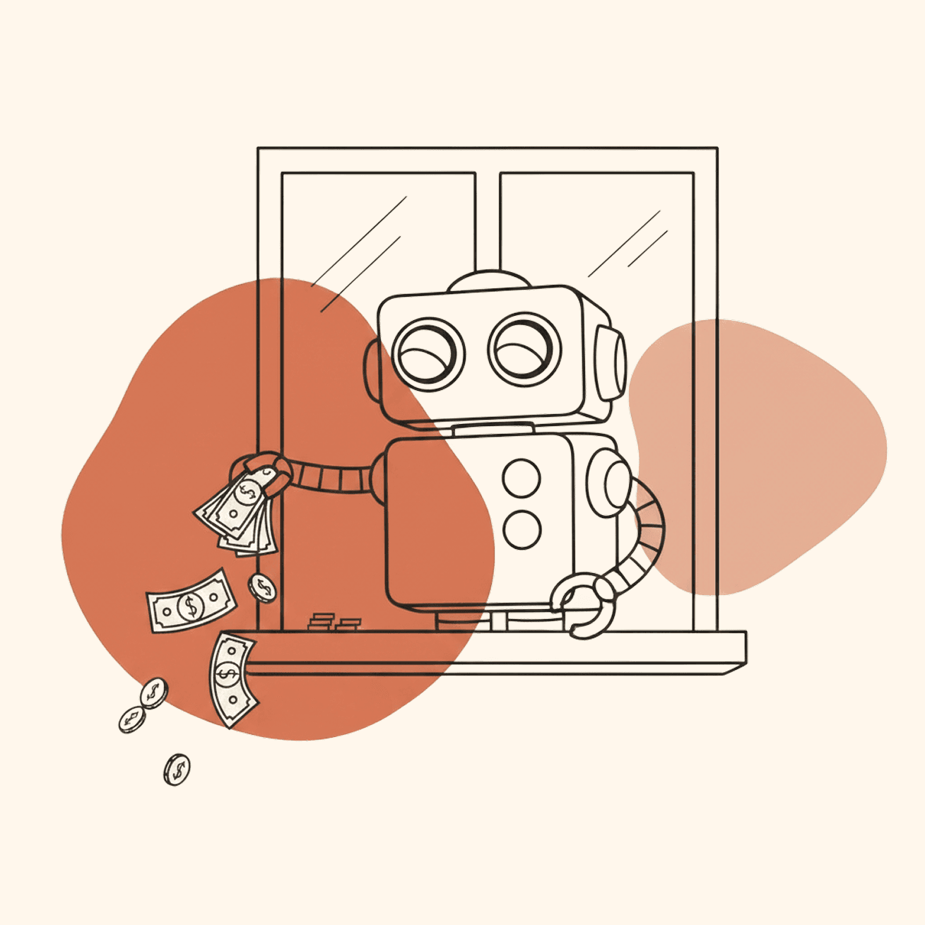 Ilustrace robota vyhazujícího peníze z okna