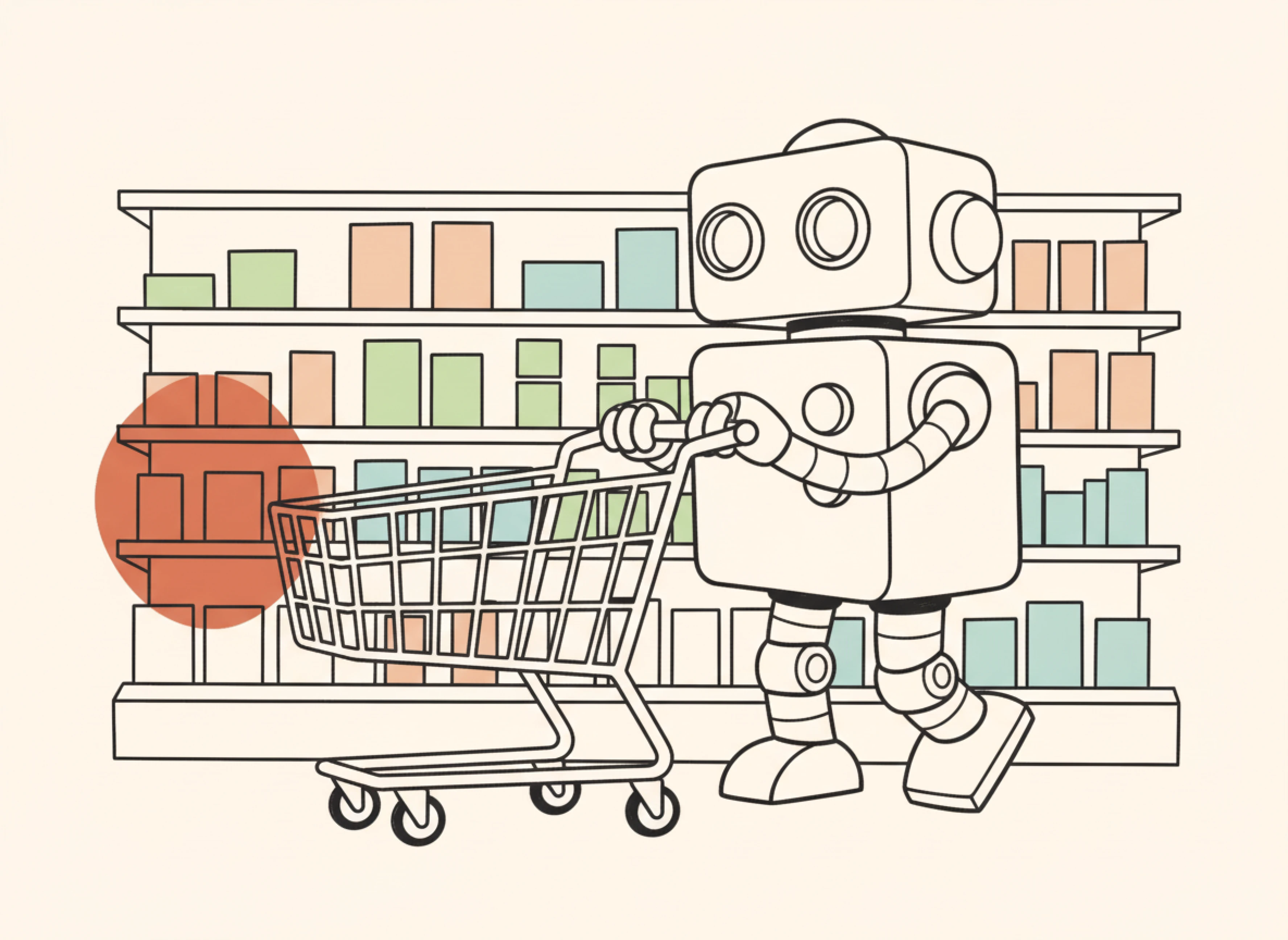 Ilustrace robota jako AI asistenta nakupujícího v obchodě