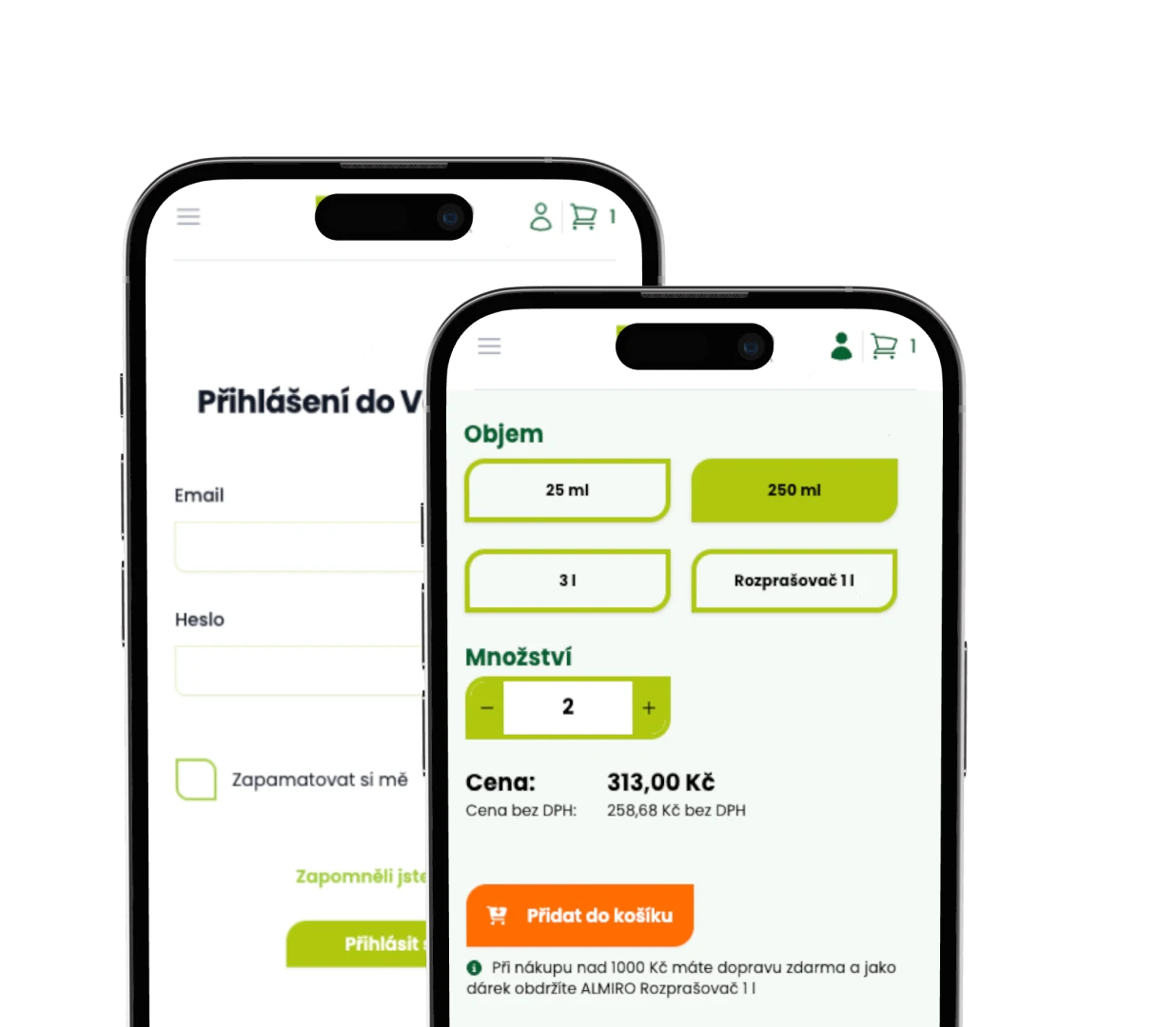 Náhled přihlášení a košíku na mobilní obrazovce